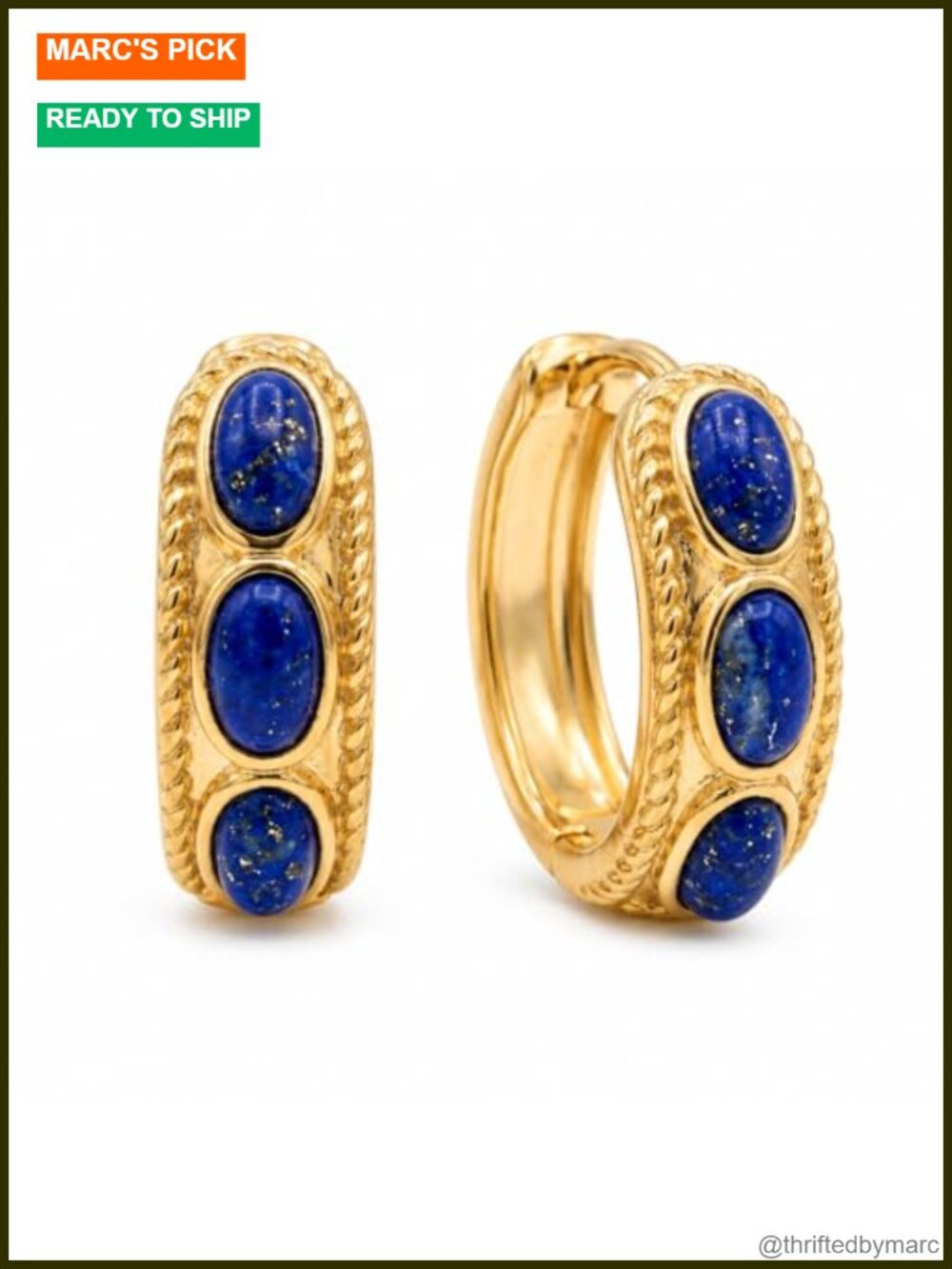 14K Gold Plated Lapis Lazuli Handcrafted Huggie Earrings